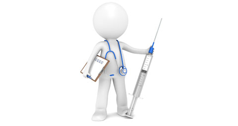 Stick figure with stethoscope around the neck and clipboard holding a needle